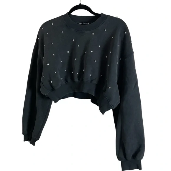 Zara Gray Cropped Jewel Studded Sweatshirt with Rhinestones Size small - Picture 2 of 11